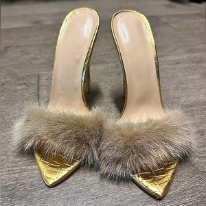 Tan Real Fur Trimmed Pointed Gold mule High Heels